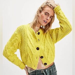 Free People Bright Yellow Cable Knit Cardigan